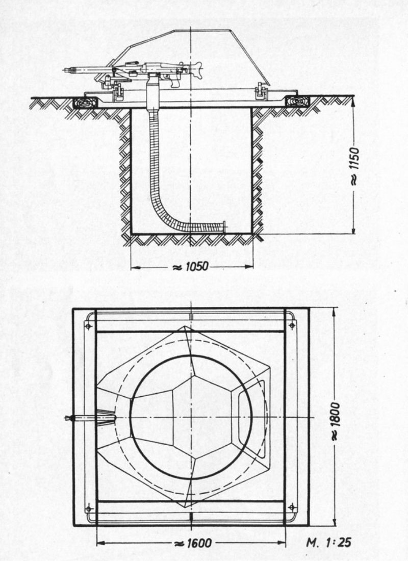 Schemat wieży F.Pz.DT 4007 posadowionej na uproszczonym schronie z drewnianych bali